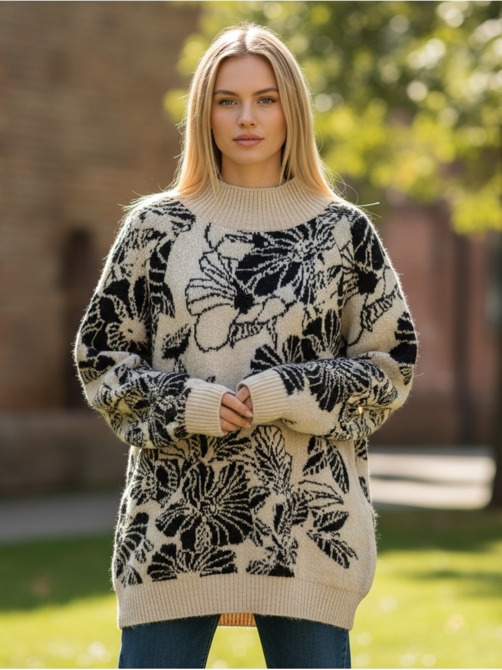 Liz Claiborne Cream and Black Floral Cowl Sweater size XL